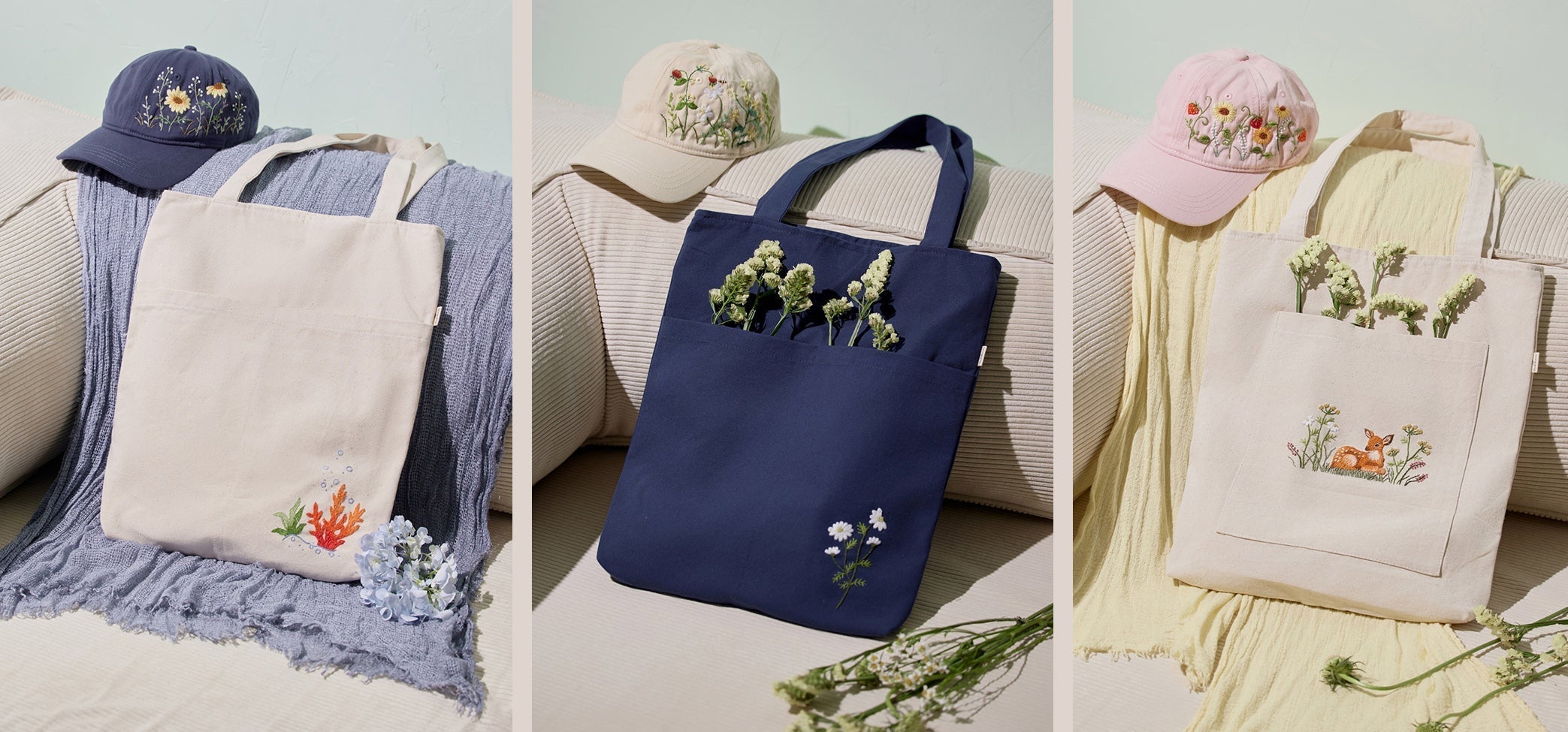 Handmade embroidered tote bags with floral and nature-inspired designs.
