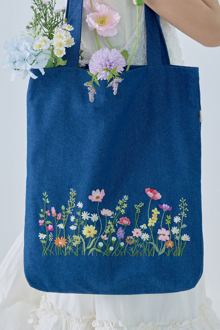 Blush Garden Hand Embroidery Jean Tote Bag
