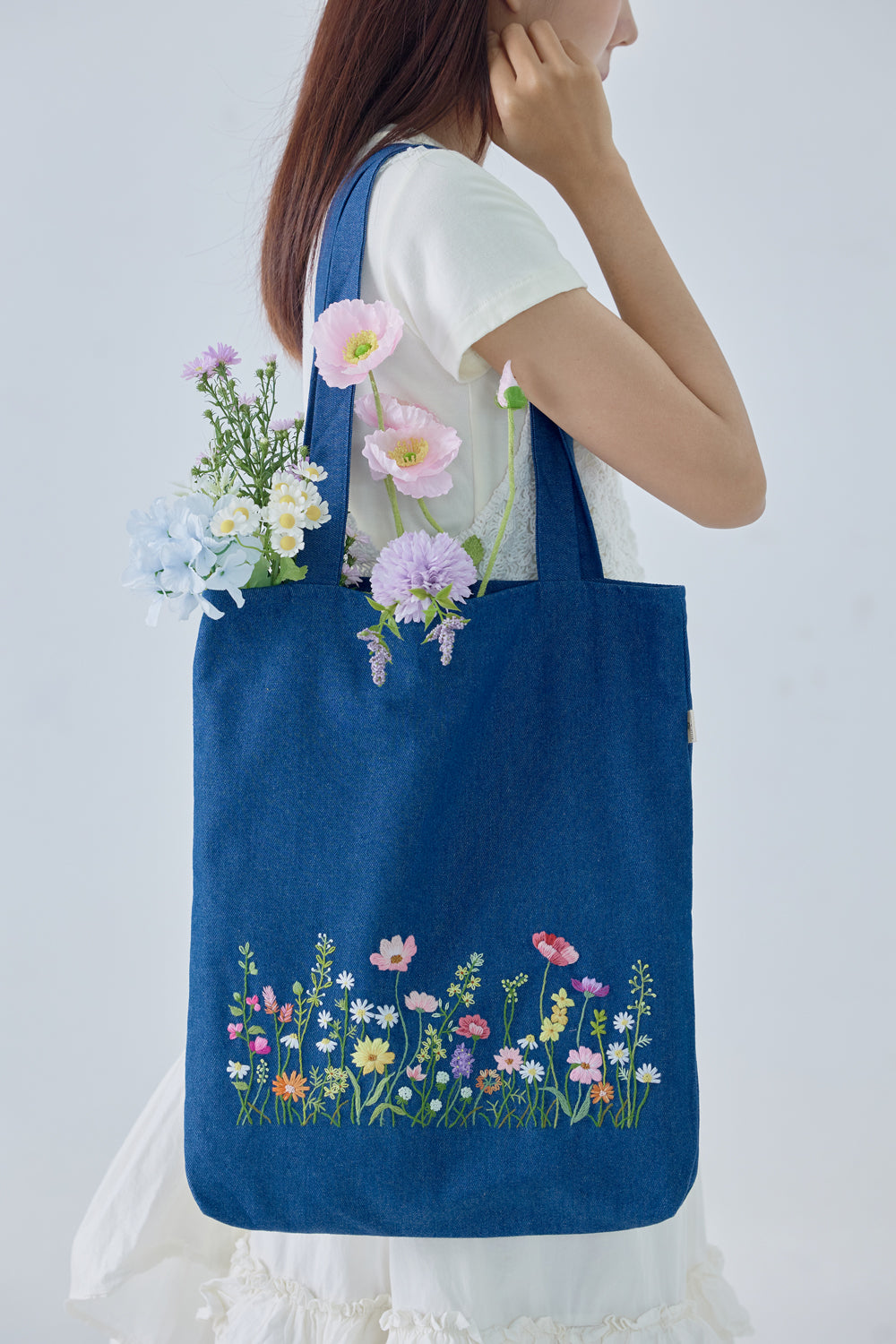 Blush Garden Hand Embroidery Jean Tote Bag