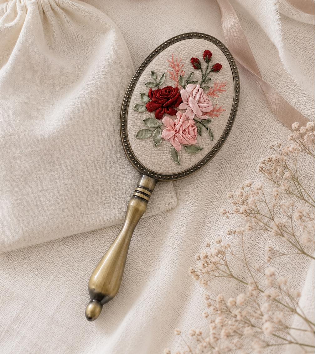Crimson Blush Roses Beige Handheld Mirror