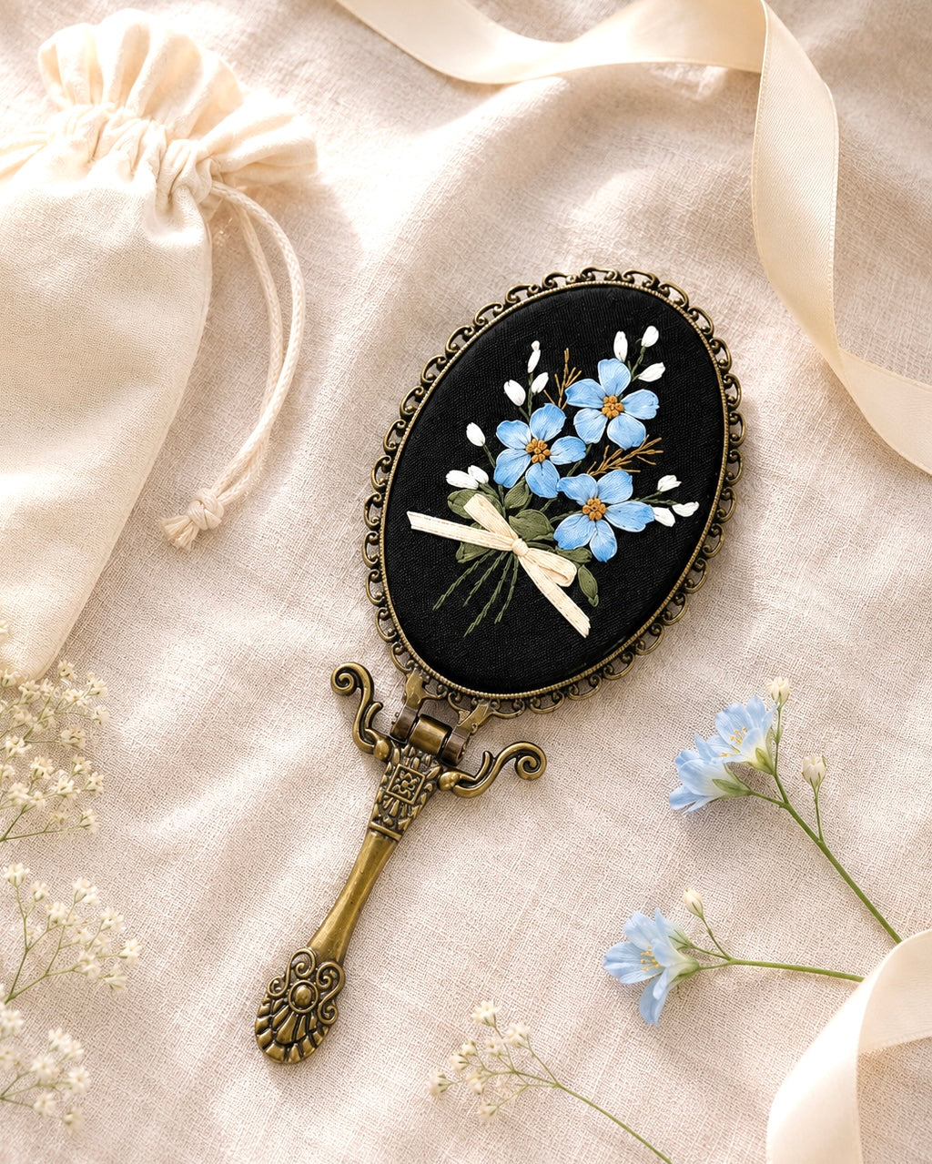 Blue Forget Me Not Hand Embroidered Handheld Mirror