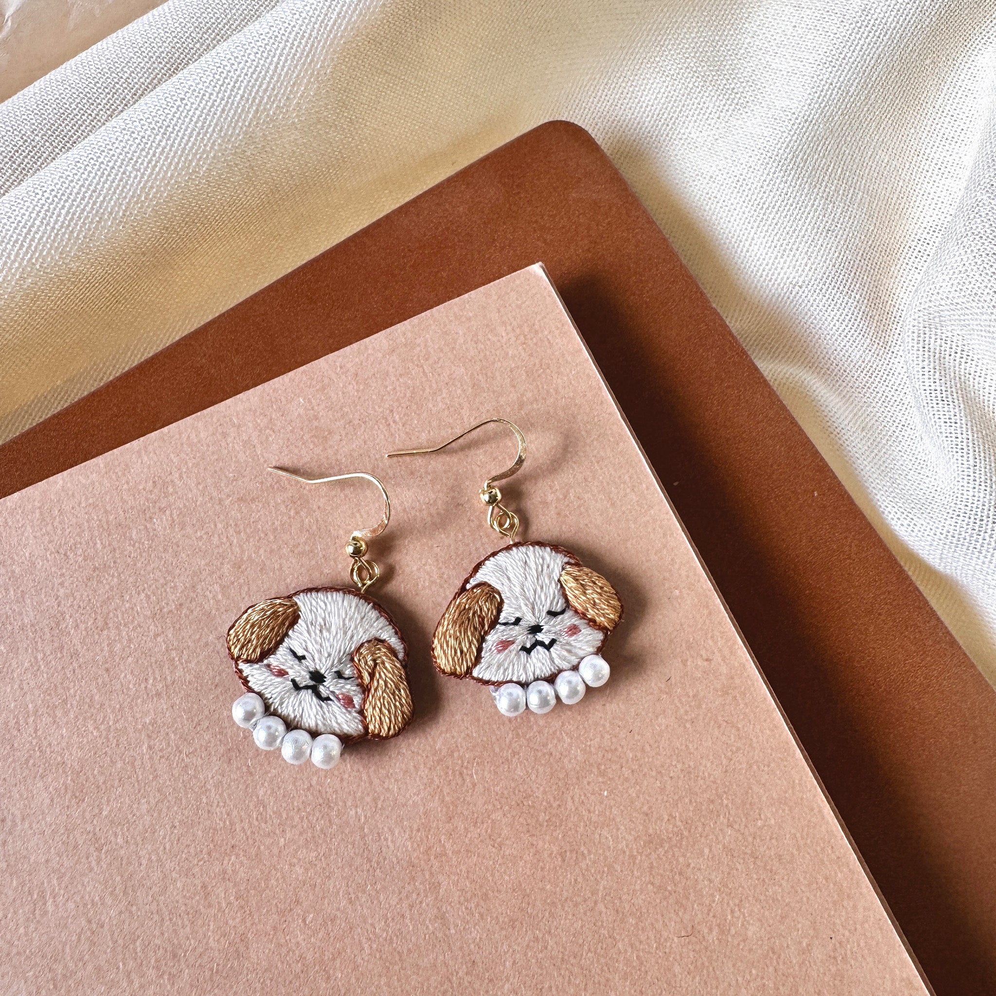 Floppy Ear Puppy Hand Embroidered Earrings