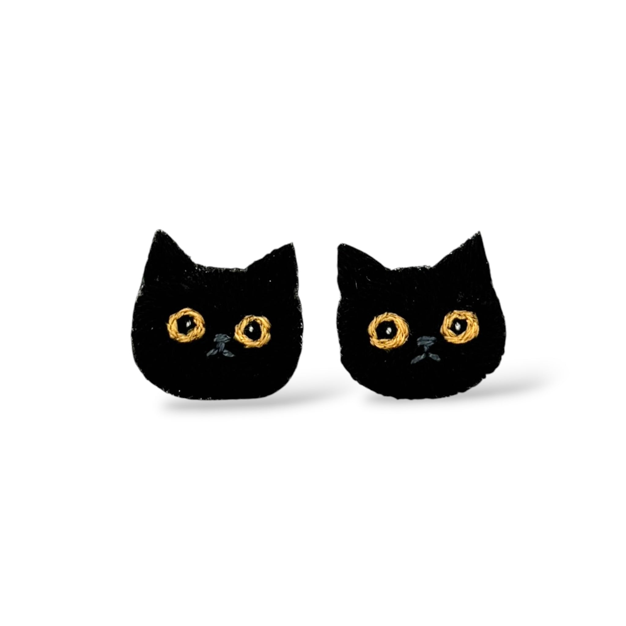 Black Cat Hand Embroidered Earrings