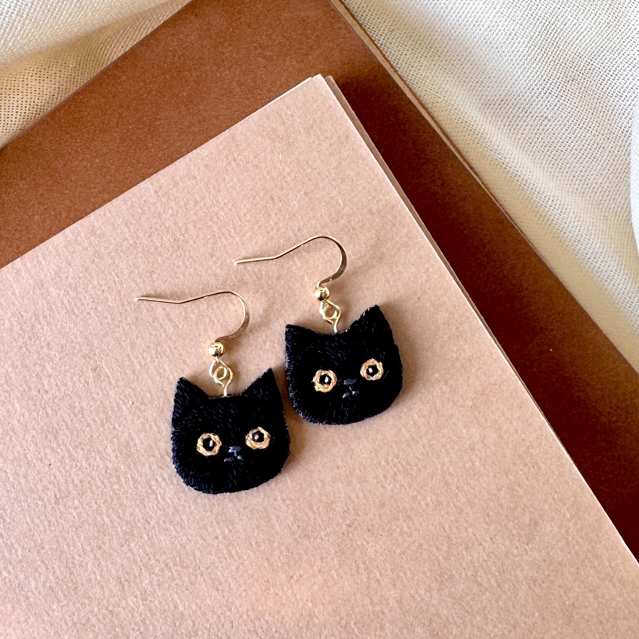 Black Cat Hand Embroidered Earrings