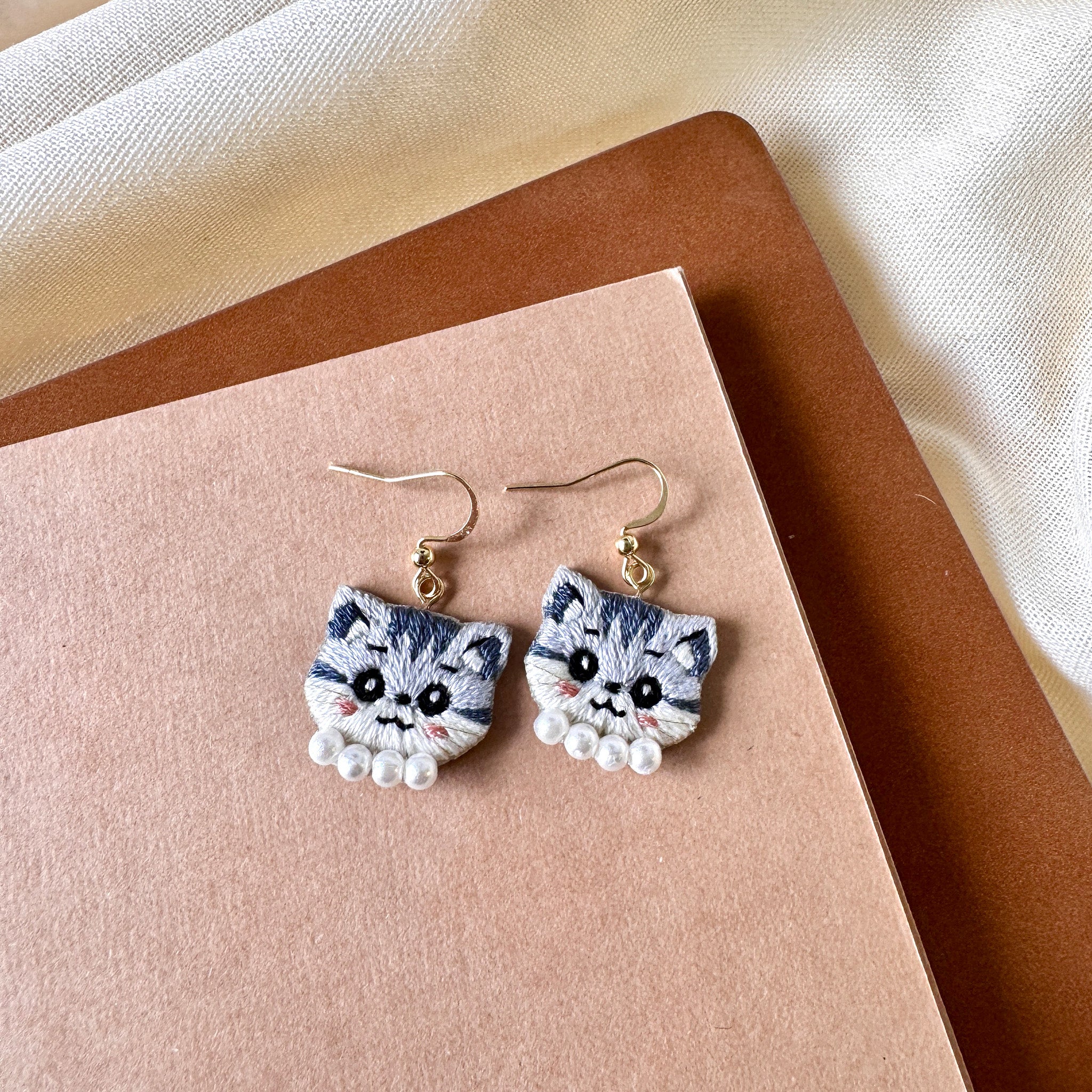 Grey Tabby Cat Hand Embroidered Earrings