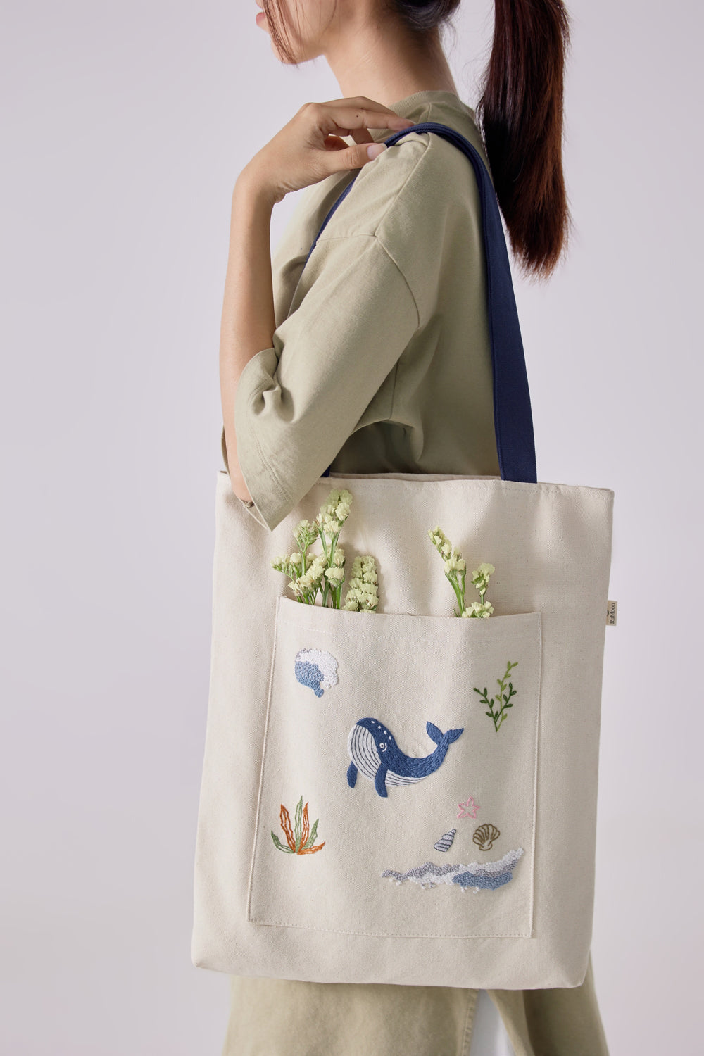 Blue Whale Embroidery Tote Bag Beige