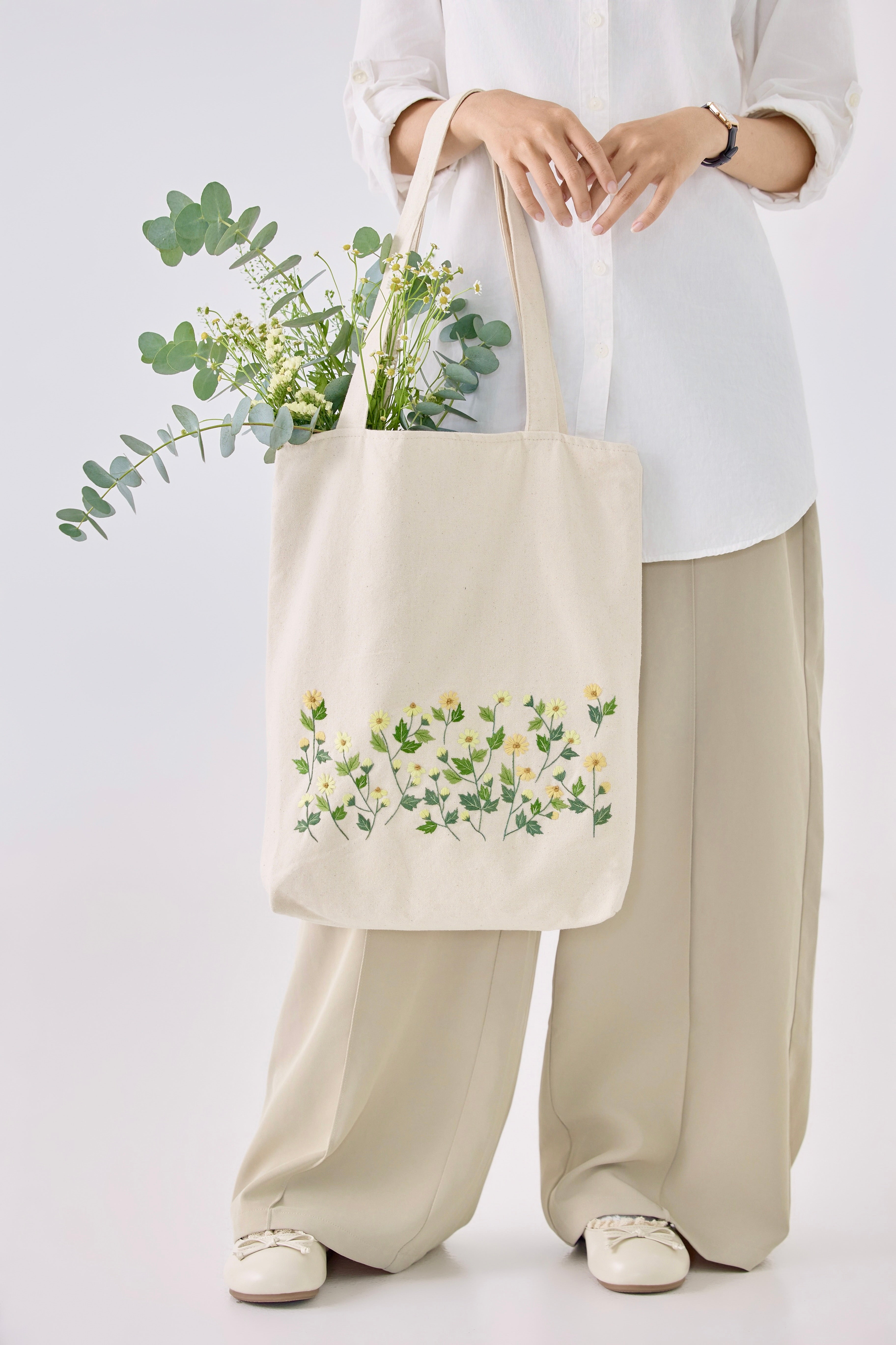 Yellow Daisy Embroidery Tote Bag
