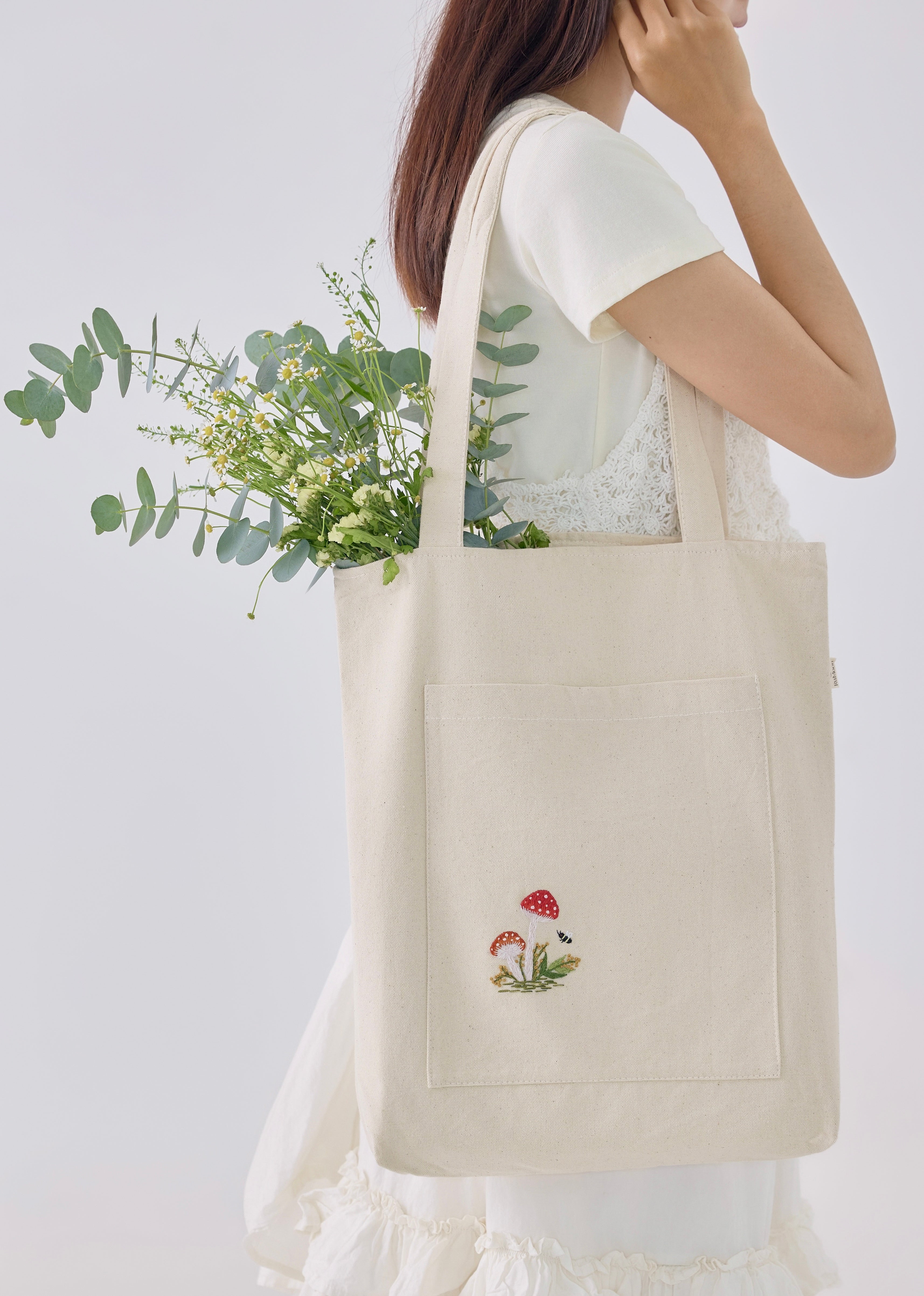 Mushroom Pocket Embroidery Tote Bag Beige