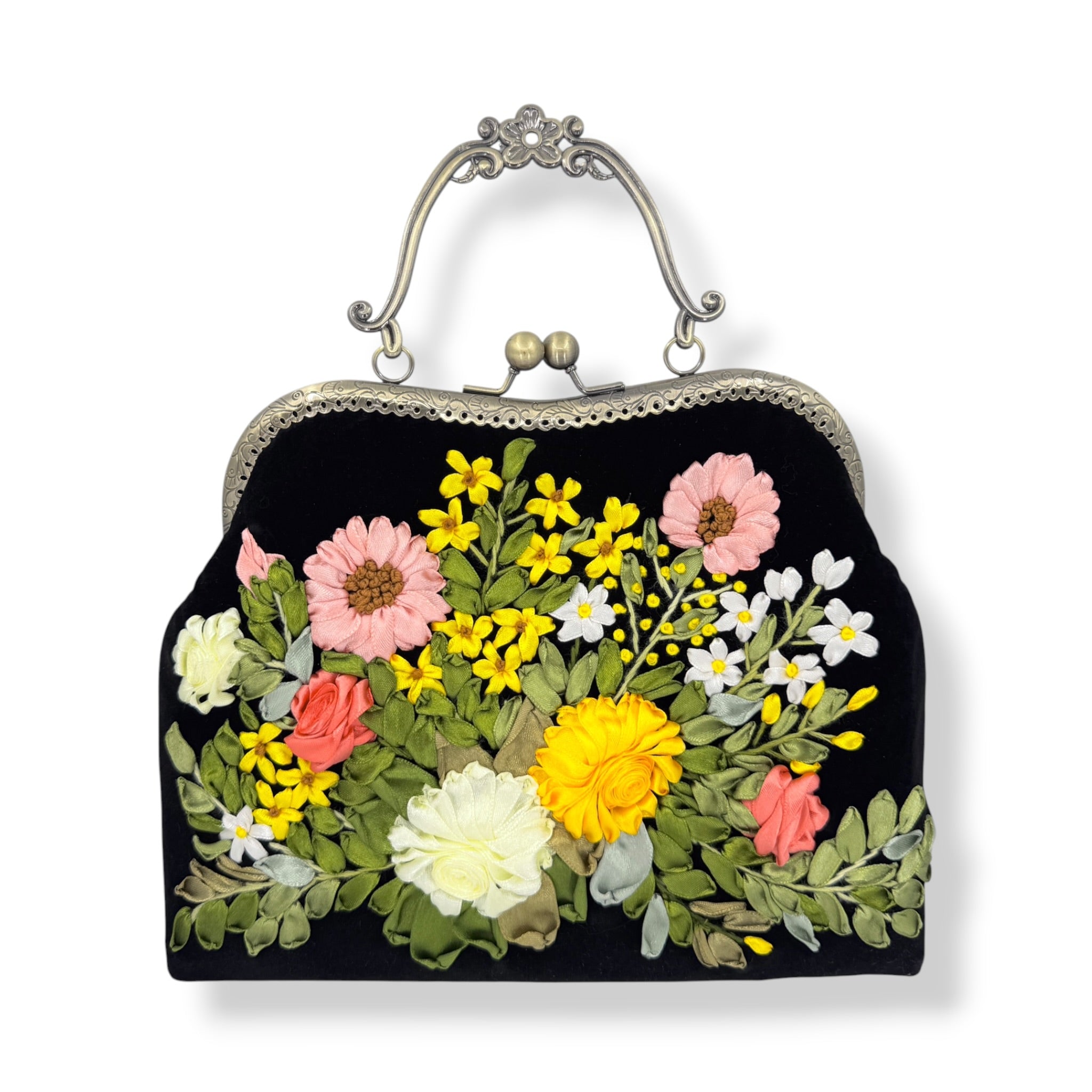 Floral Ribbon Embroidery Clutch Velvet Bag