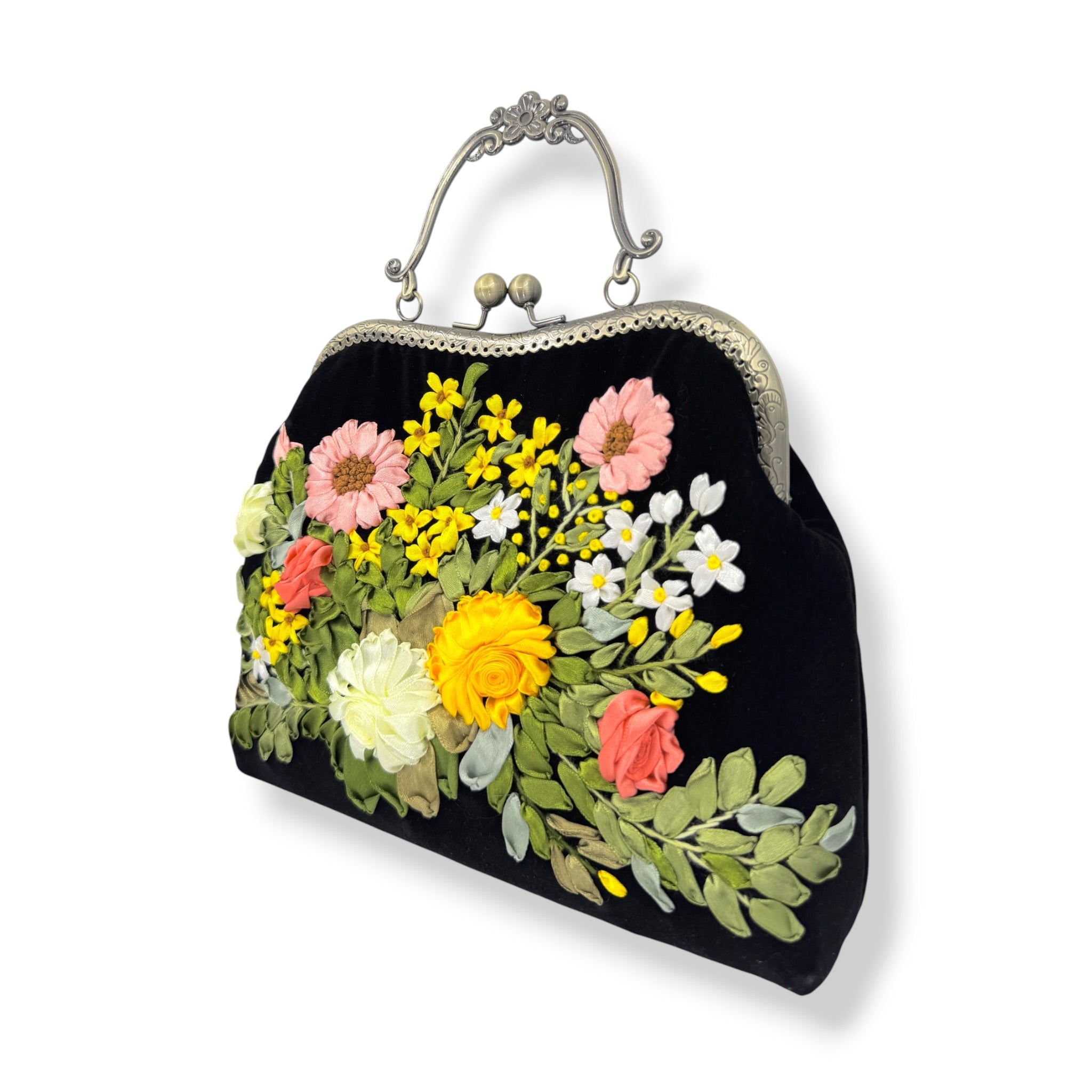 Floral Ribbon Embroidery Clutch Velvet Bag
