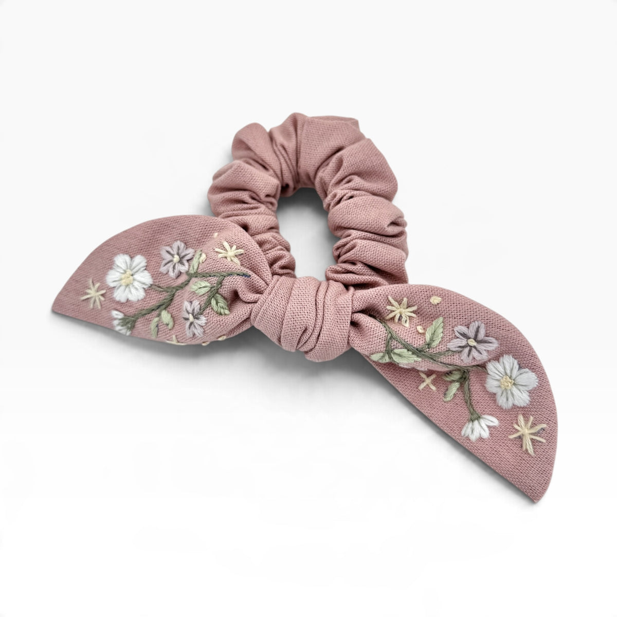 Blush Wildflower Embroidered Dusty Pink Bow Scrunchies