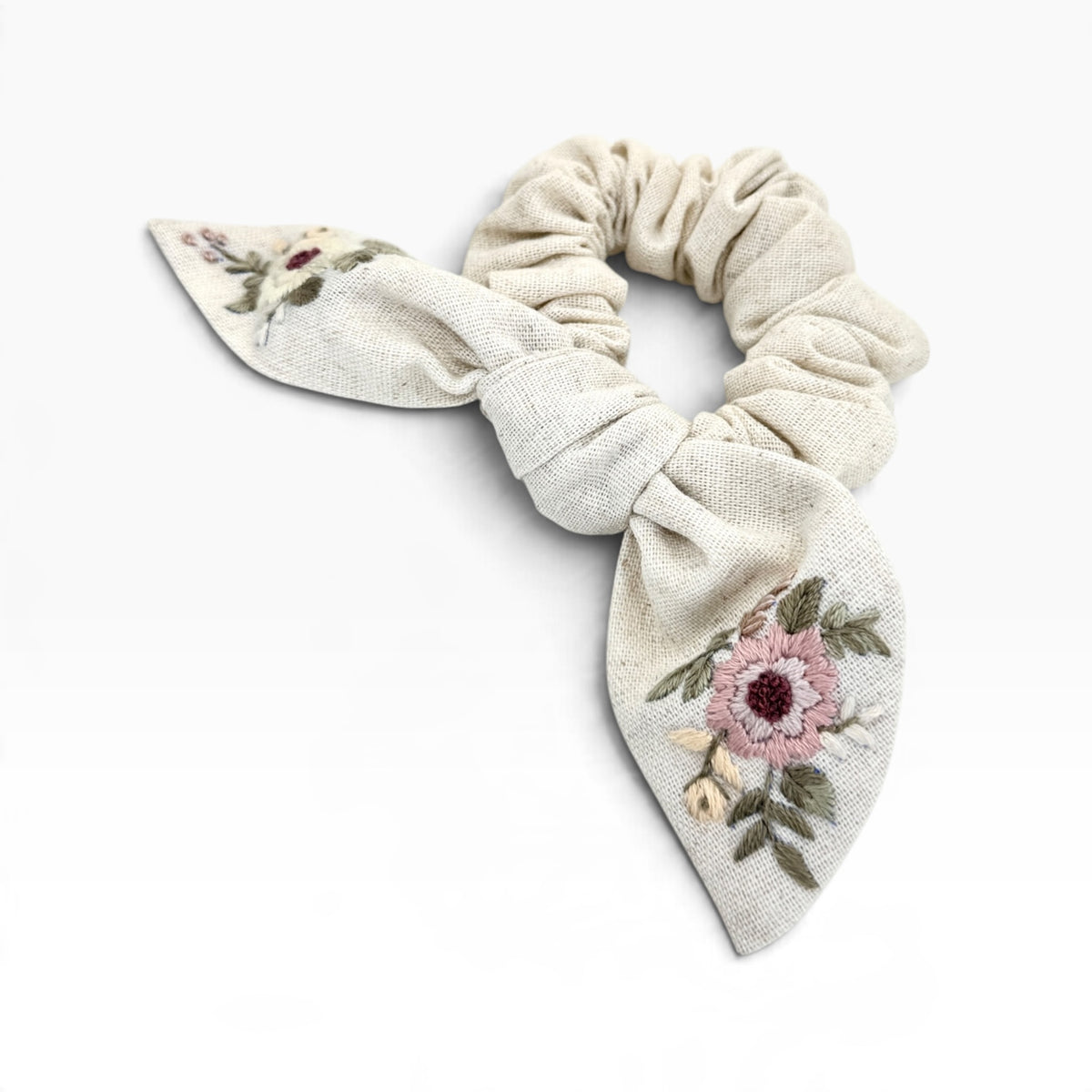 Ivory Meadow Hand-Embroidered Floral Bow Scrunchies