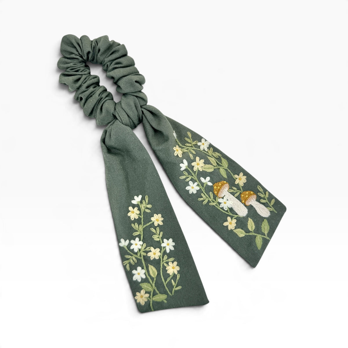 Woodland Mushroom Olive Green Embroidered Bow Scrunchies