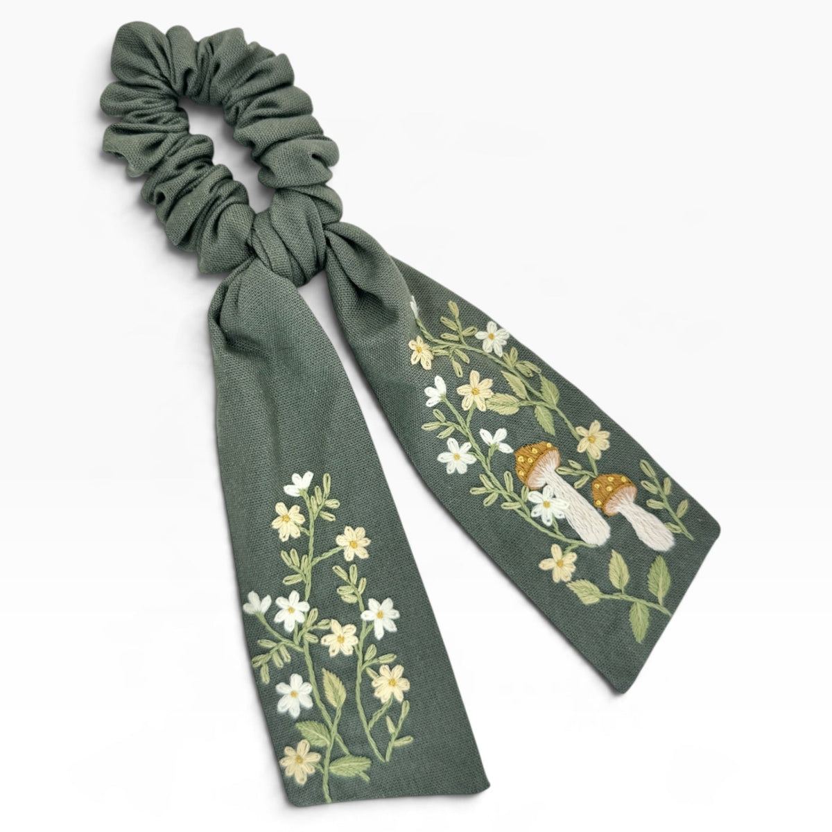 Woodland Mushroom Olive Green Embroidered Bow Scrunchies