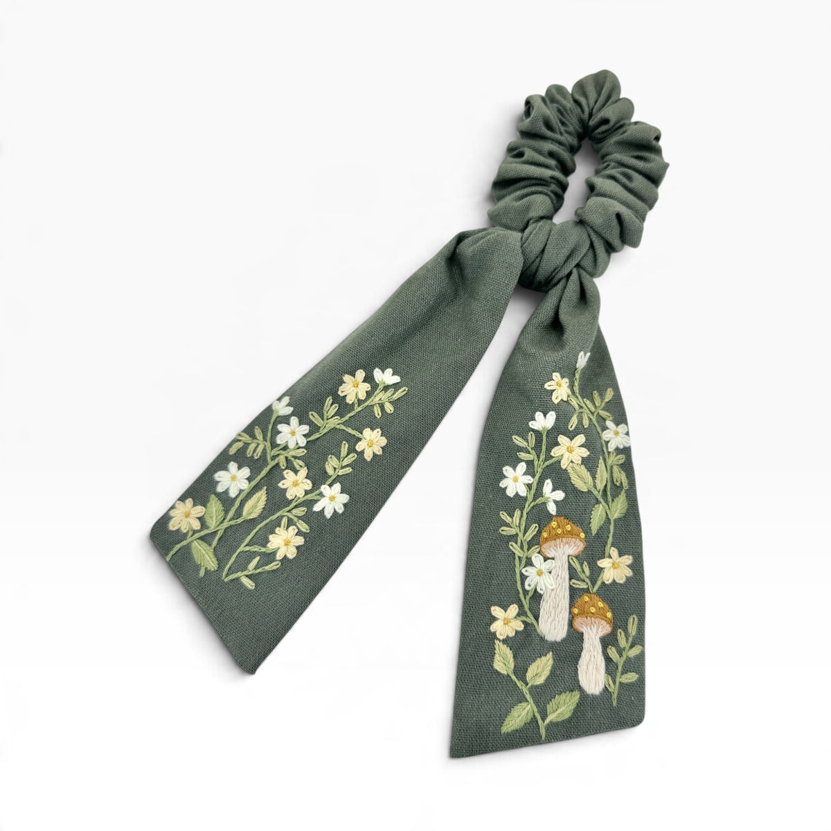 Woodland Mushroom Olive Green Embroidered Bow Scrunchies