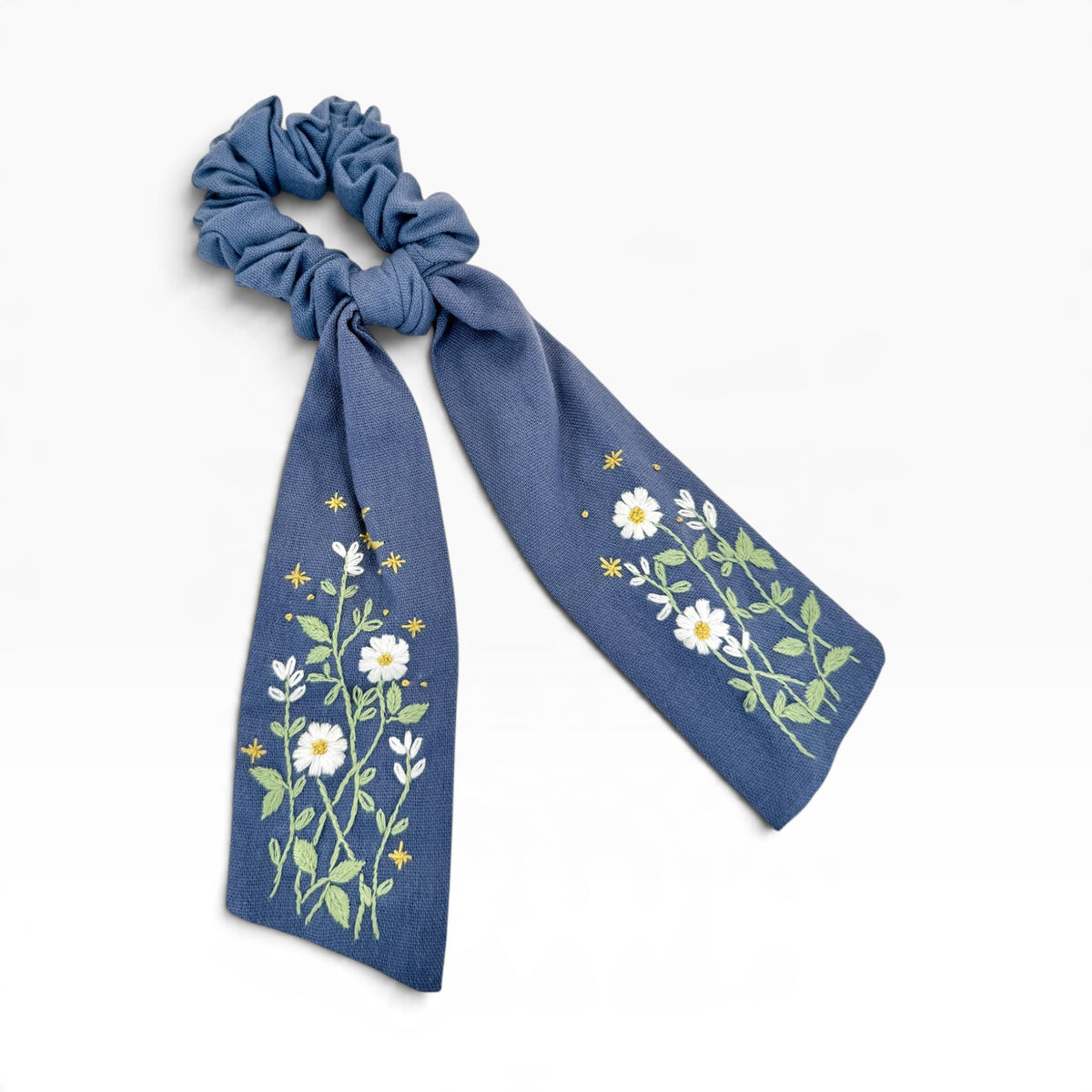 Quiet Daisy Garden Blue Embroidered Bow Scrunchies