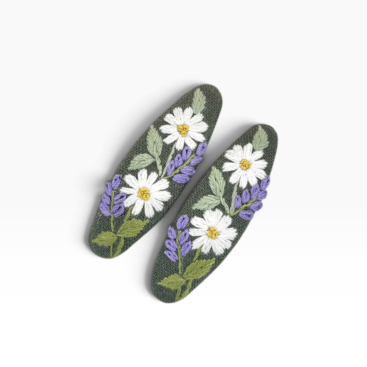 Daisy Meadow Sage Green Hand Embroidered Hair Clips