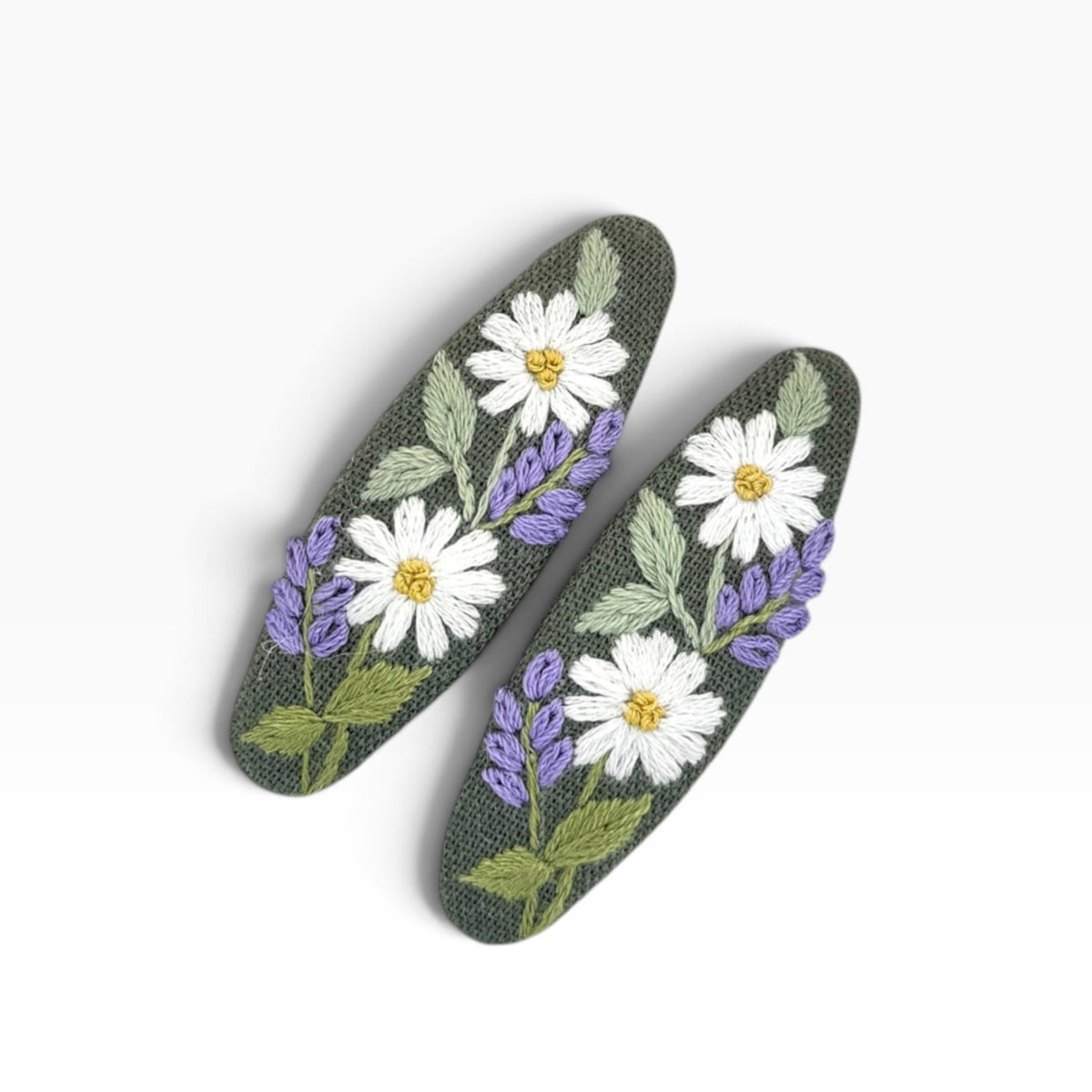 Daisy Meadow Sage Green Hand Embroidered Hair Clips