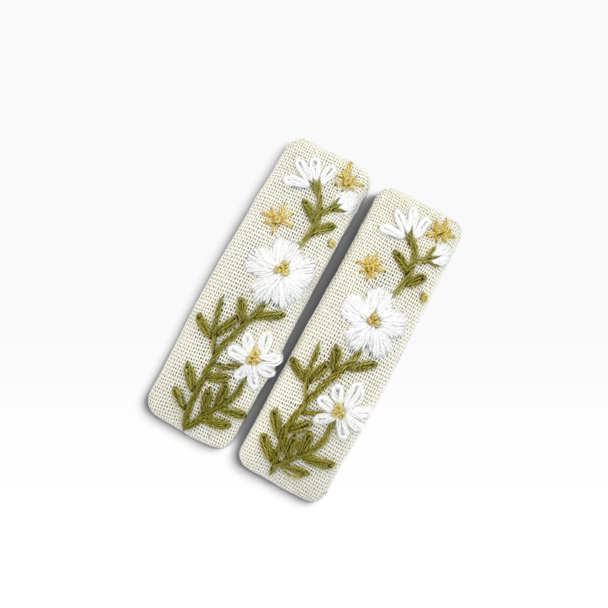White Wildflower Beige Hand Embroidered Hair Clips
