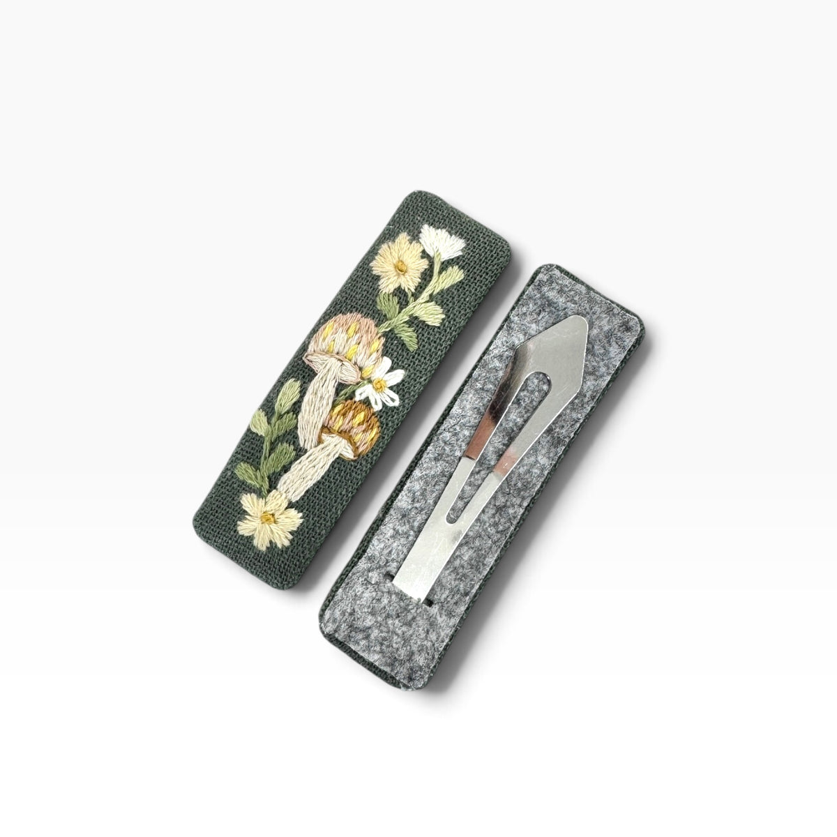 Woodland Mushroom Olive Green Hand Embroidered Hair Clips