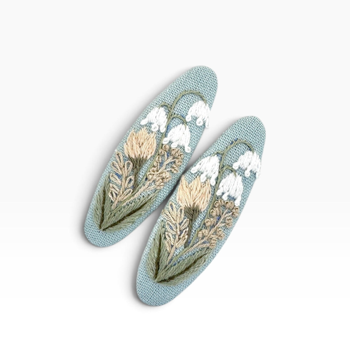 Lily of the Valley Pastel Blue Hand Embroidered Hair Clips