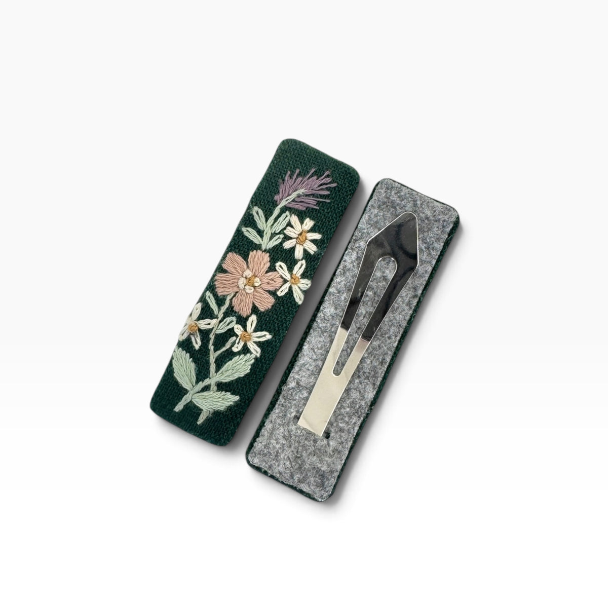 Forest Wildflower Green Hand Embroidered Hair Clips