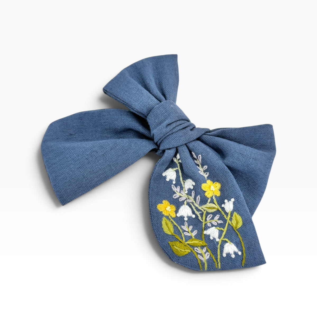 Buttercup White Lily Blue Embroidered Hair Bow