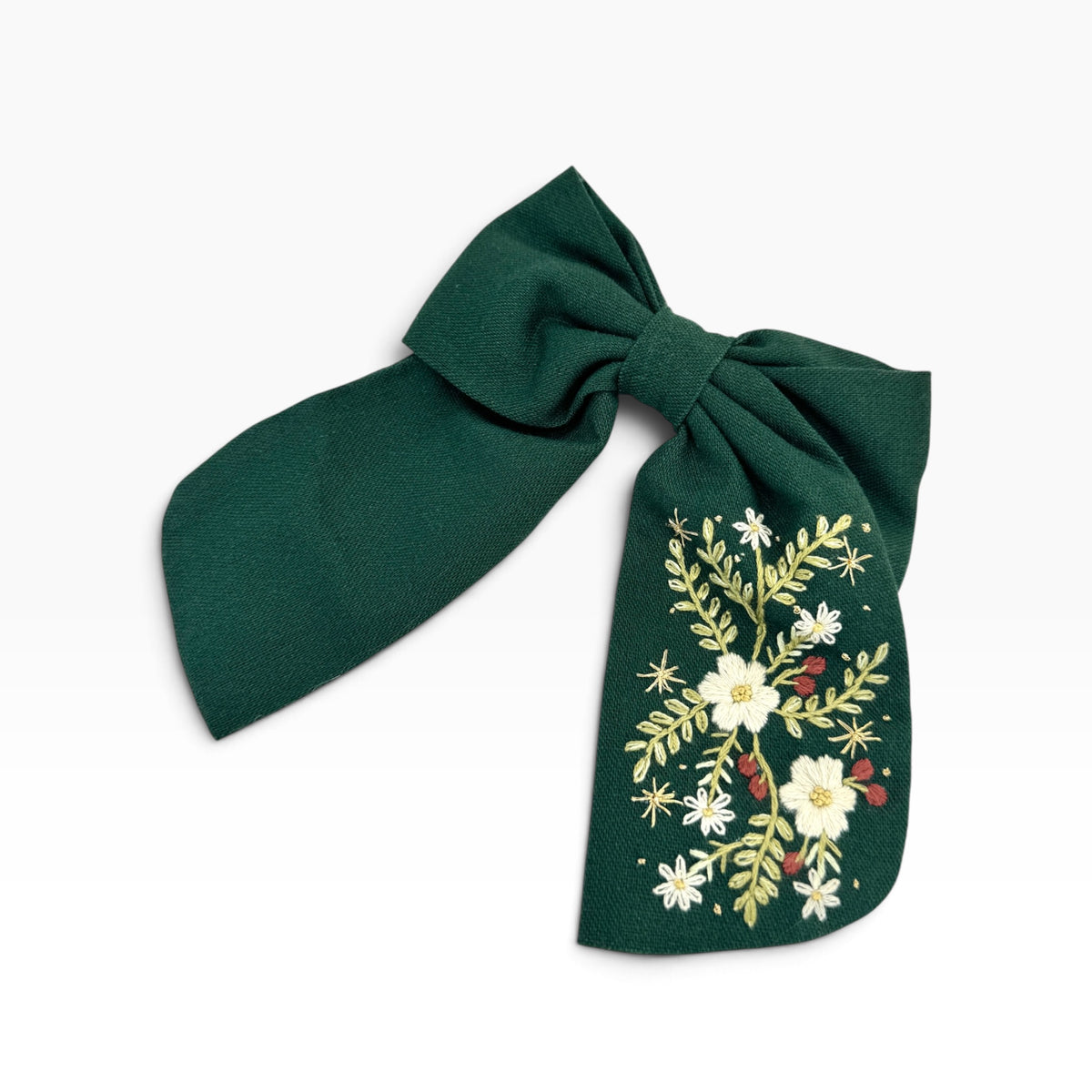 Evergreen Meadow Dark Green Embroidered Hair Barrette