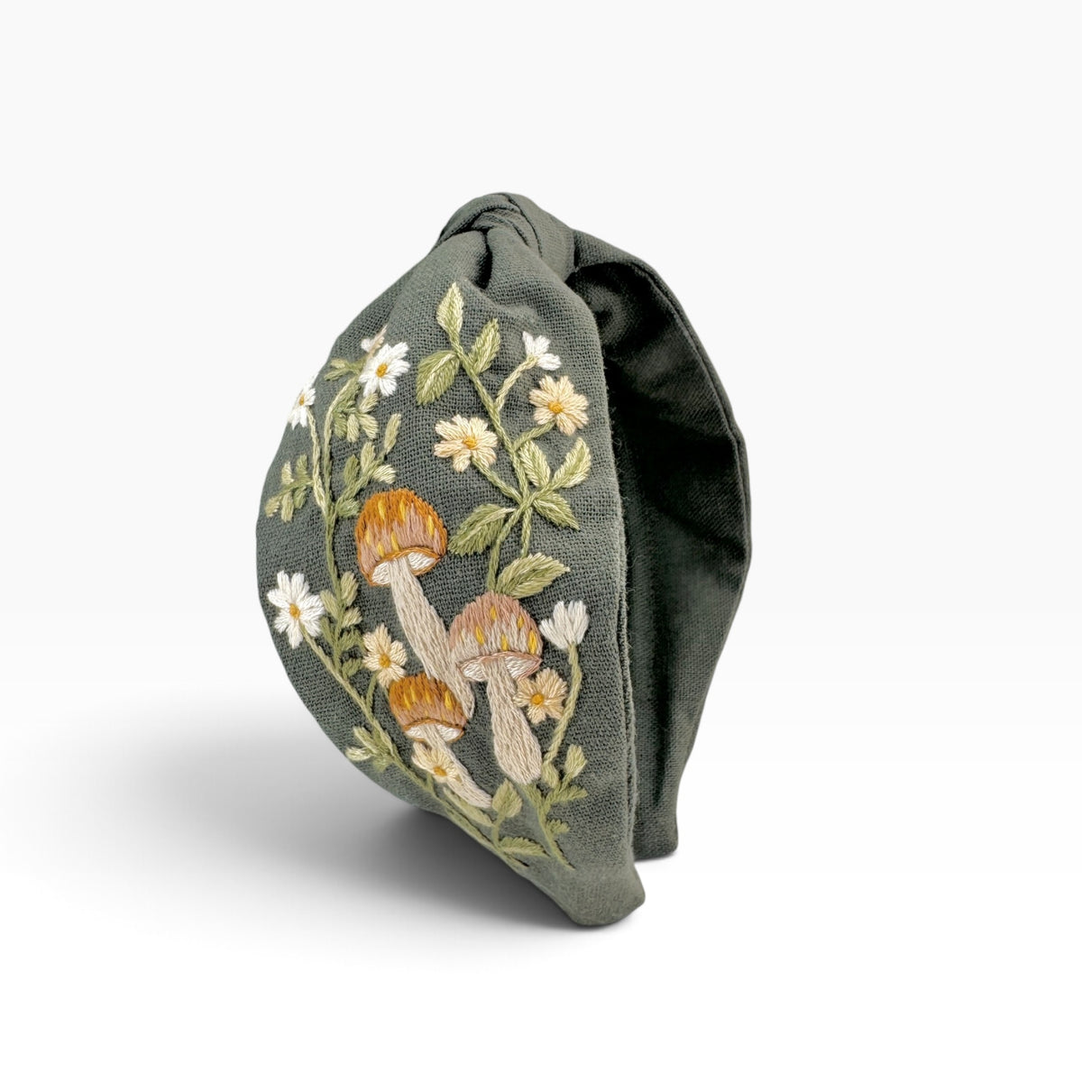 Woodland Mushroom Sage Green Embroidered Headband