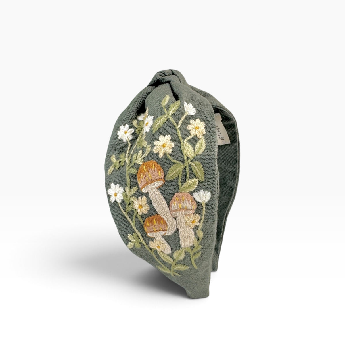 Woodland Mushroom Sage Green Embroidered Headband