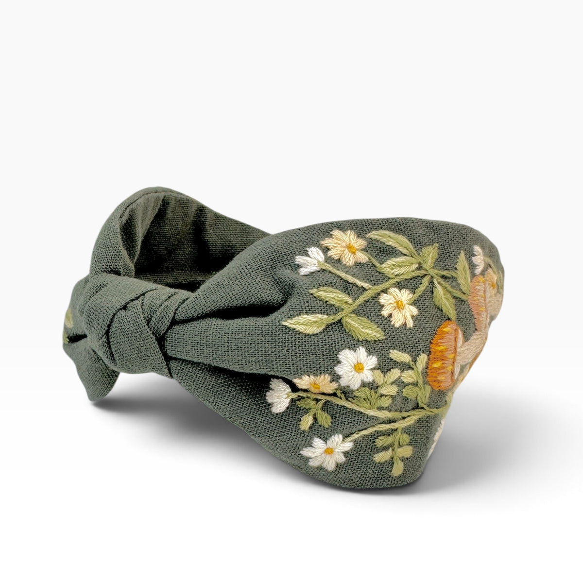 Woodland Mushroom Sage Green Embroidered Headband