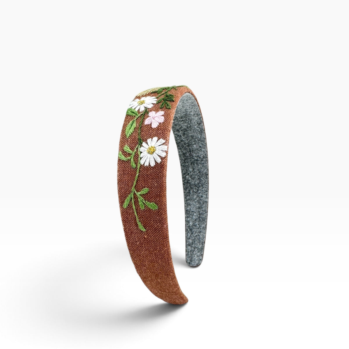 Daisy Meadow Light Brown Hand Embroidered Headband