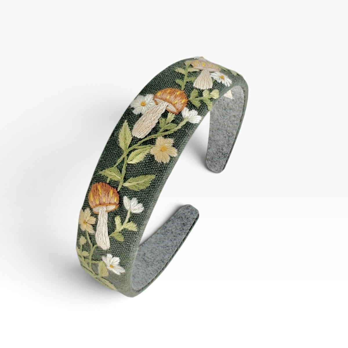 Woodland Mushroom Olive Green Hand Embroidered Headband