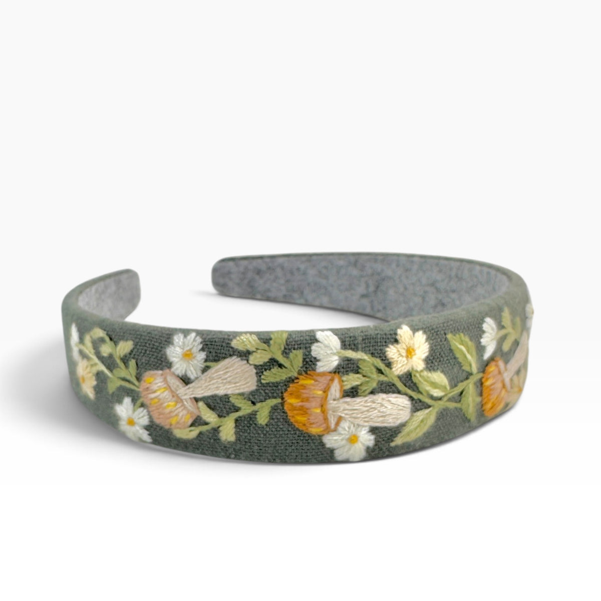 Woodland Mushroom Olive Green Hand Embroidered Headband