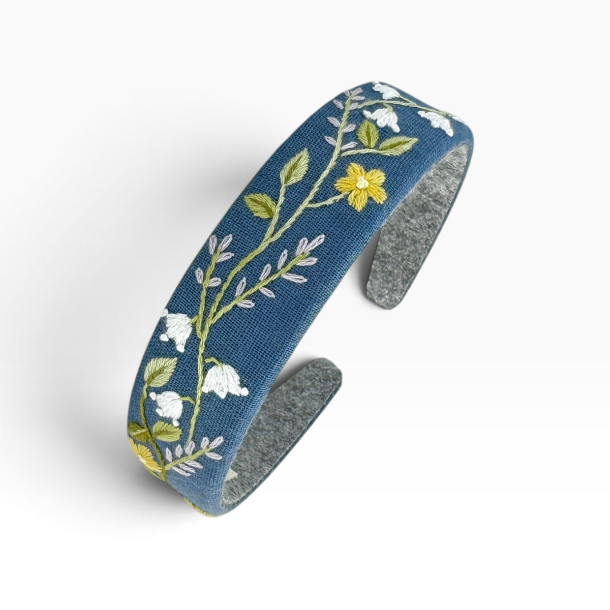 Buttercup and White Lily Blue Hand Embroidered Headband