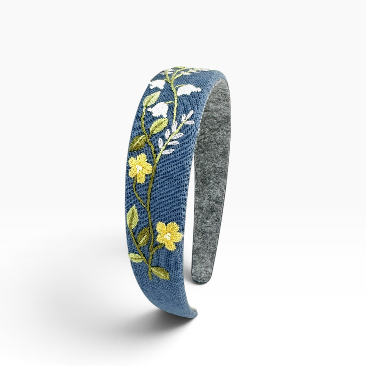 Buttercup and White Lily Blue Hand Embroidered Headband