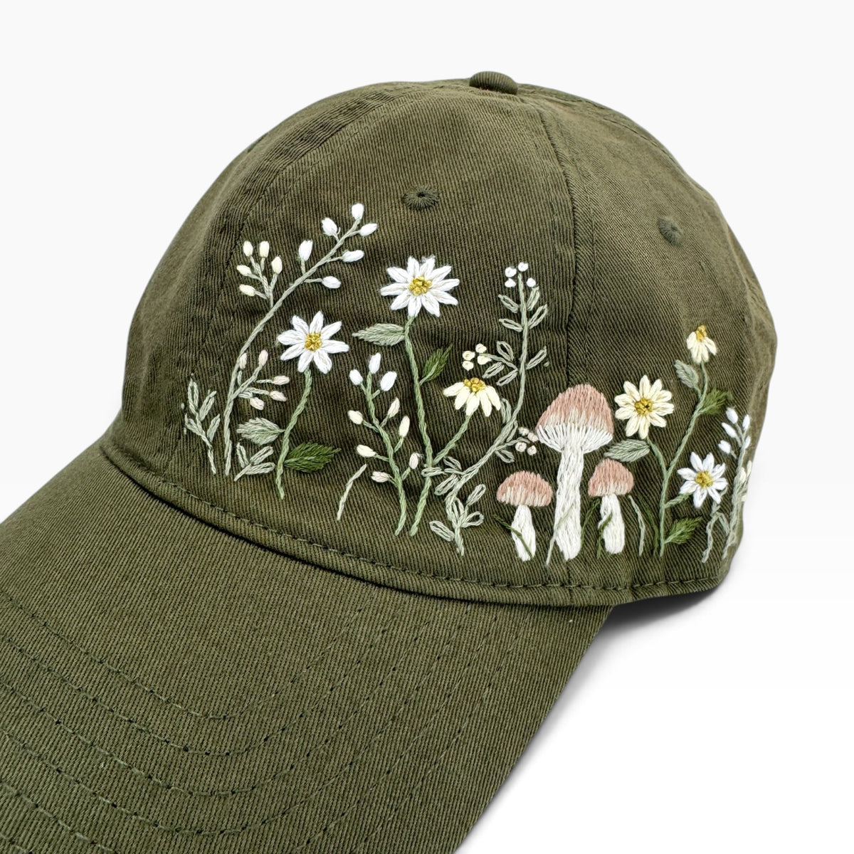 Woodland Mushroom Embroidered Olive Green Cap