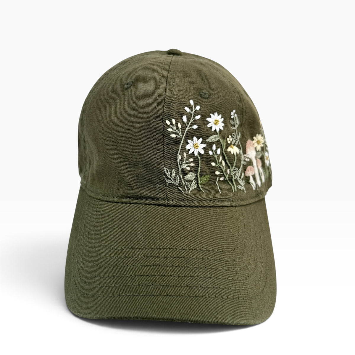 Woodland Mushroom Embroidered Olive Green Cap