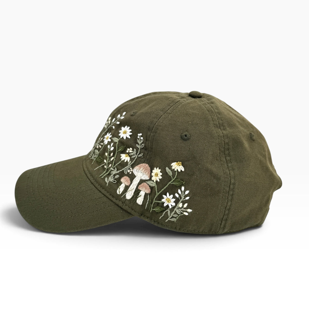 Woodland Mushroom Embroidered Olive Green Cap