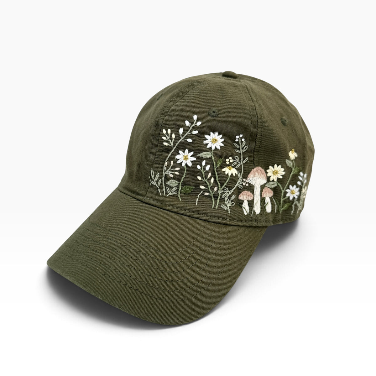 Woodland Mushroom Embroidered Olive Green Cap