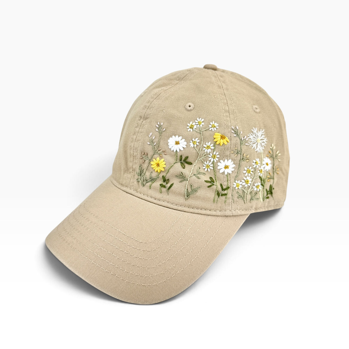 Daisy Garden Hand Embroidered Khaki Cap