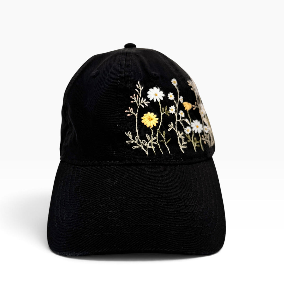 Wildflowers Field Hand Embroidered Black Hat