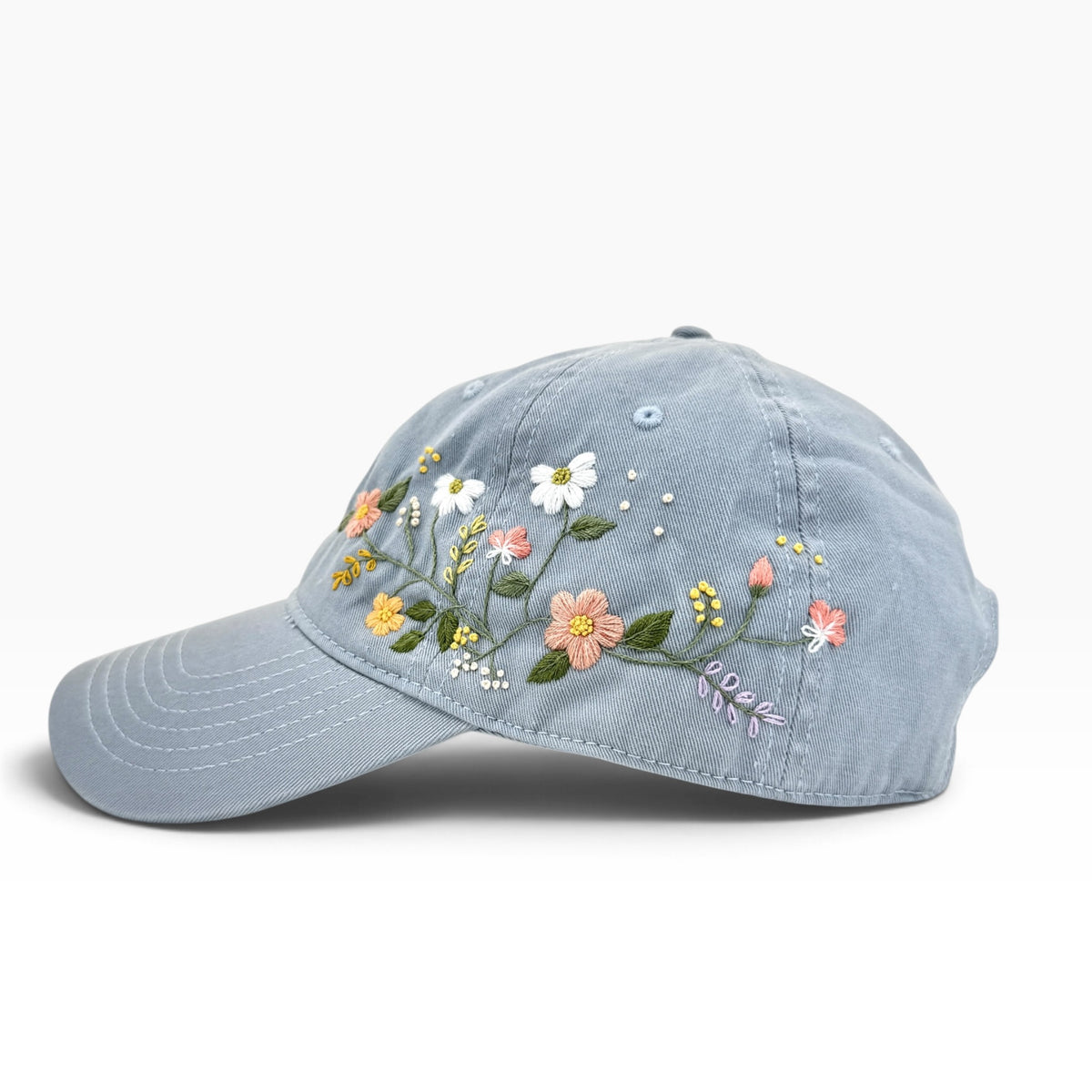 Wildflower Garden Embroidered Blue Grey Cap