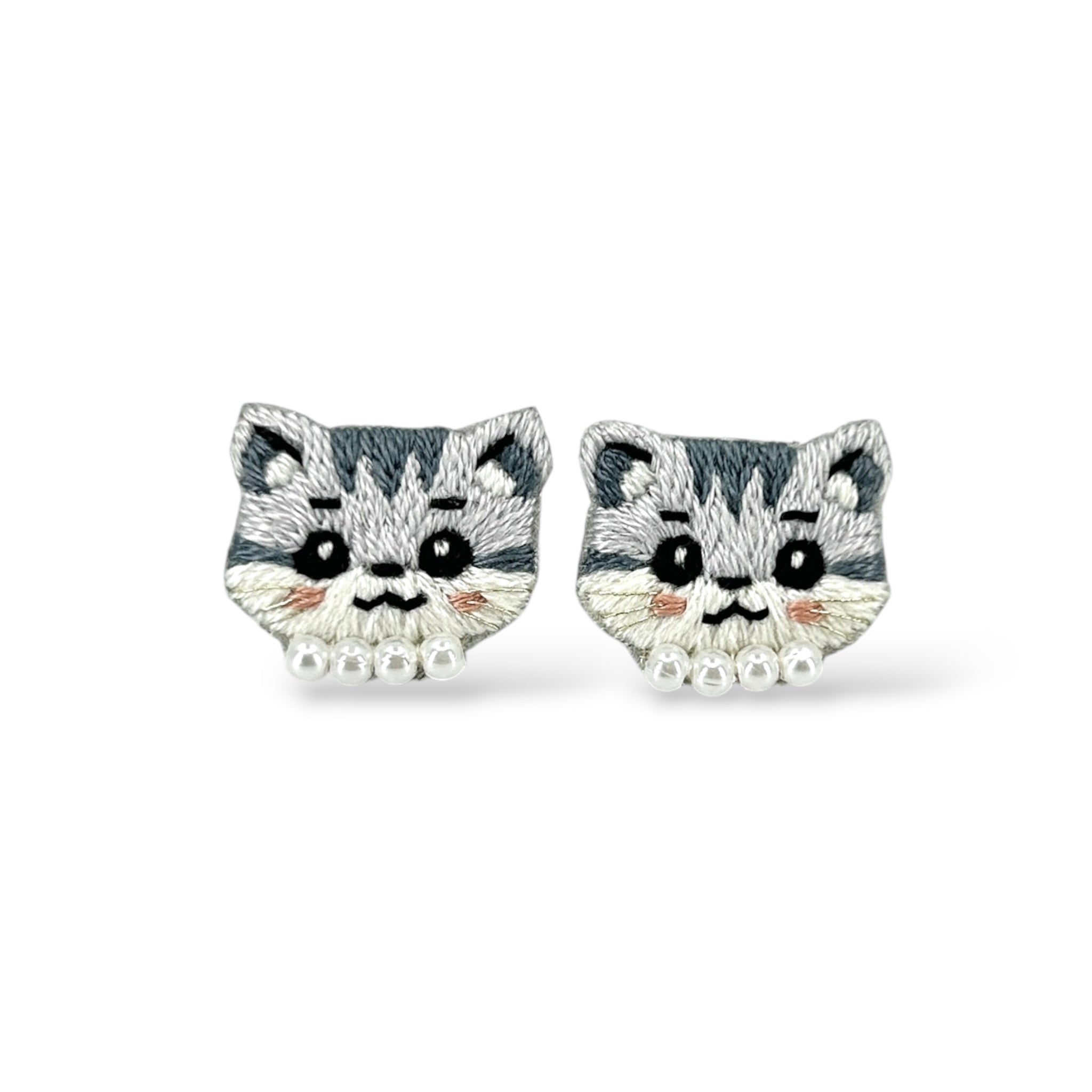 Grey Tabby Cat Hand Embroidered Earrings
