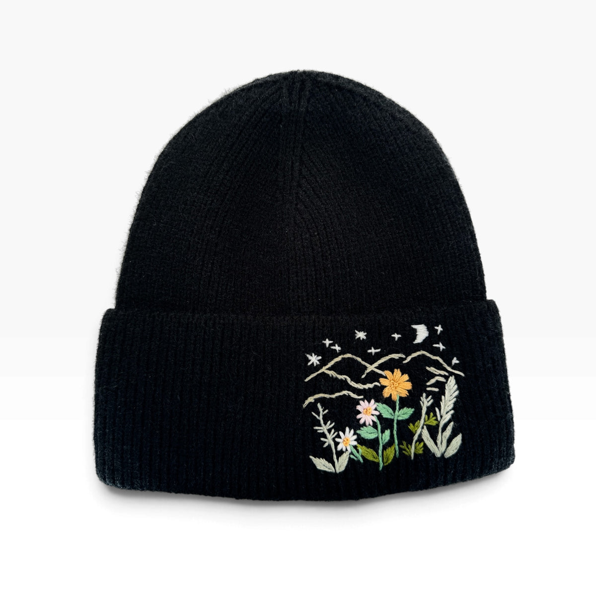 Midnight Wildflowers Black Embroidered Beanie