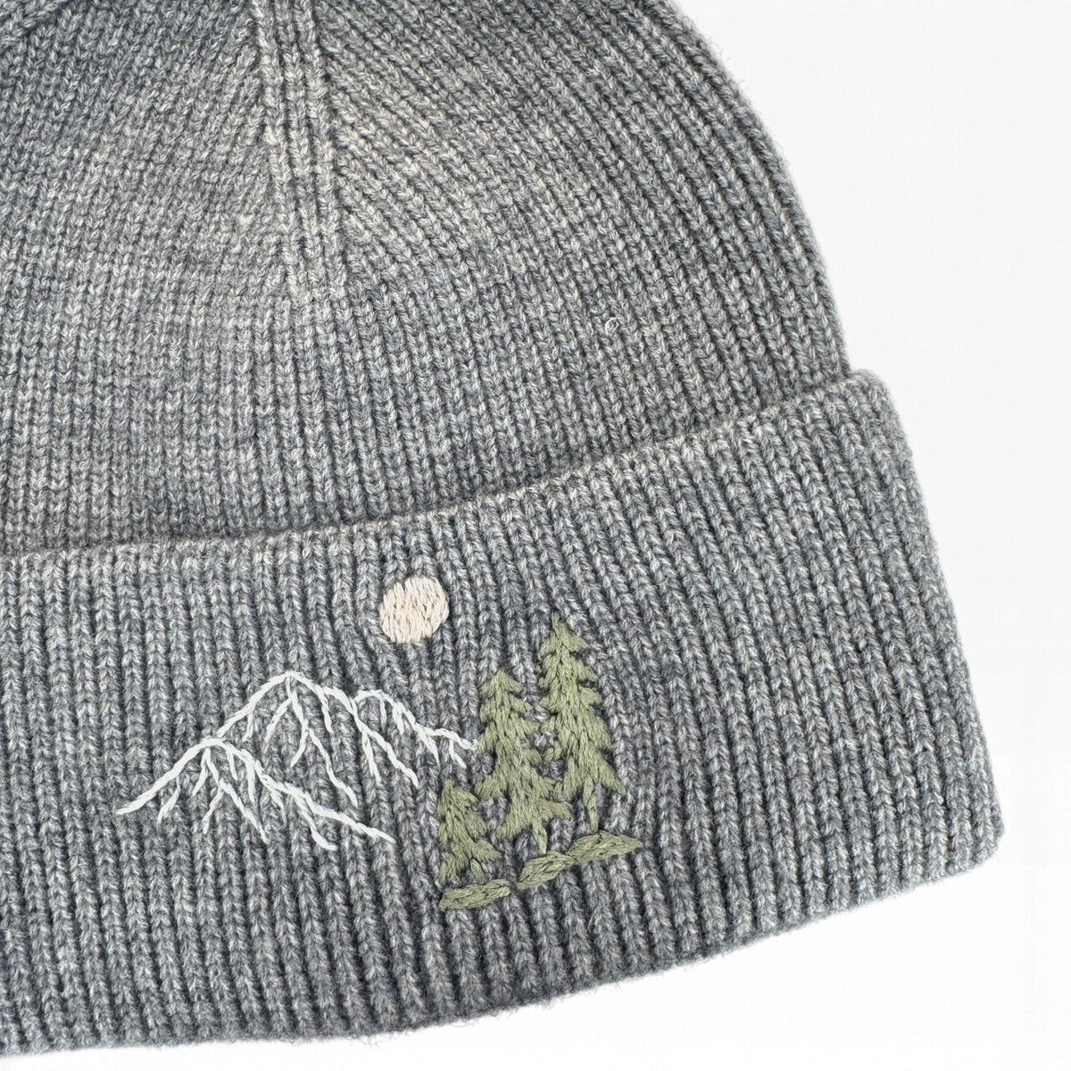 Mountains Moon Embroidered Grey Beanie