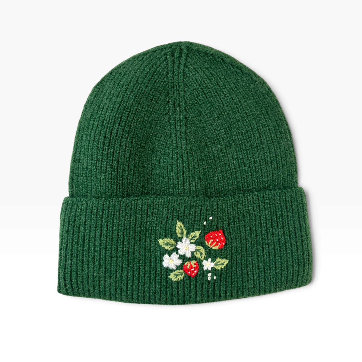 Strawberry Flowers Embroidered Green Beanie