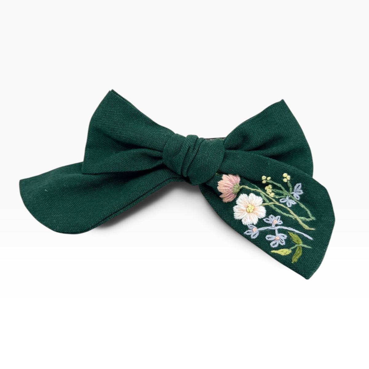 Forest Wildflower Hand-Embroidered Green Bow