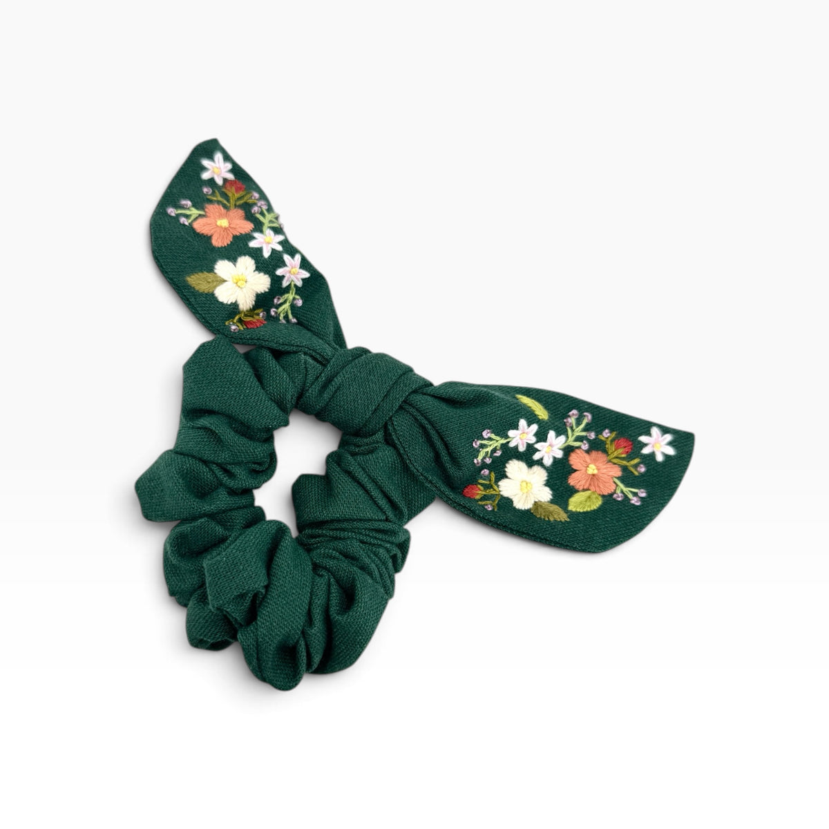 Emerald Bloom Hand-Embroidered Bow Scrunchies
