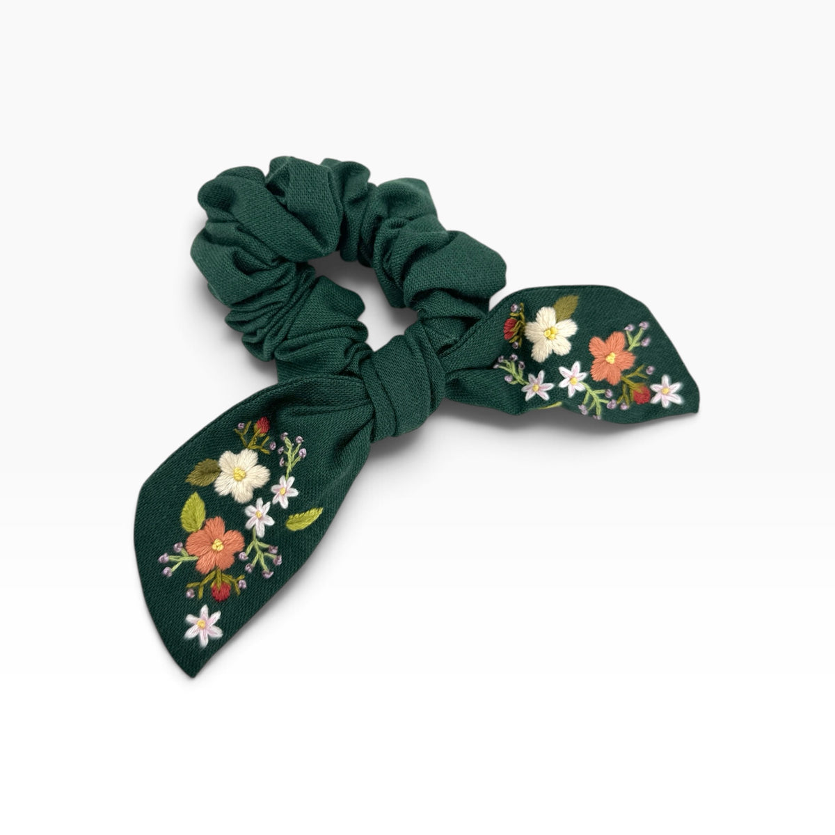 Emerald Bloom Hand-Embroidered Bow Scrunchies